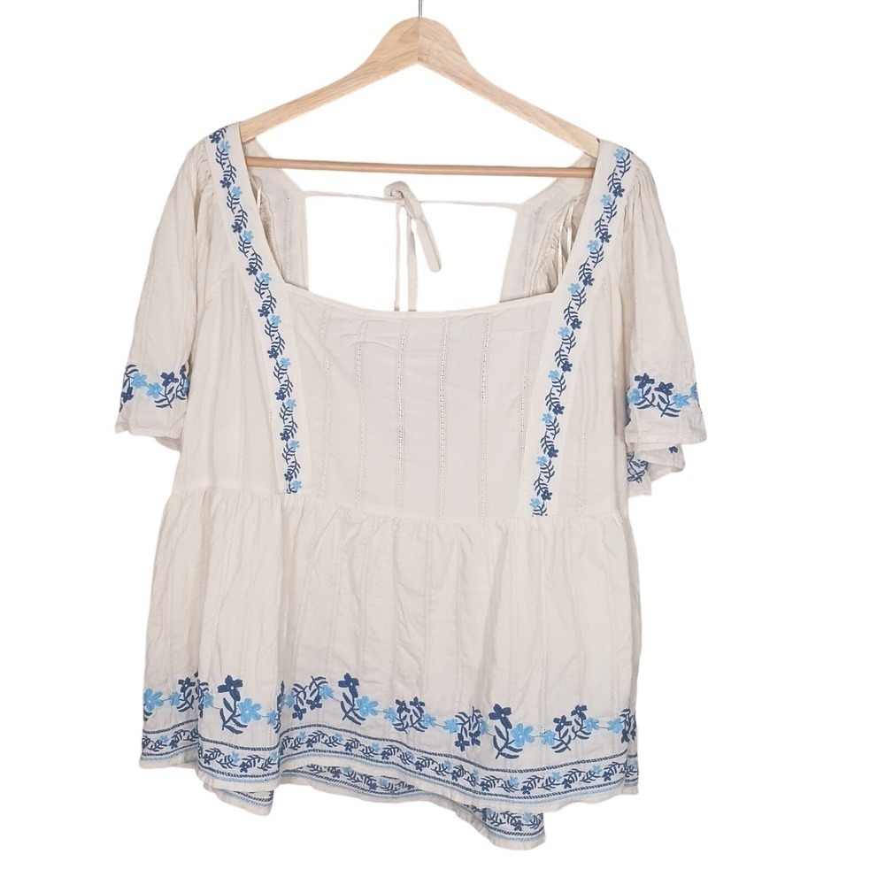 Old Navy Embroidered Peasant Blouse Womens 3X Blue Floral Milkmaid Boho Top